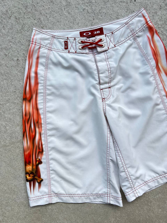 00s Vintage Oakley Flame Skull Shorts White