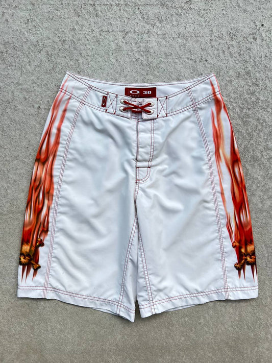 00s Vintage Oakley Flame Skull Shorts White