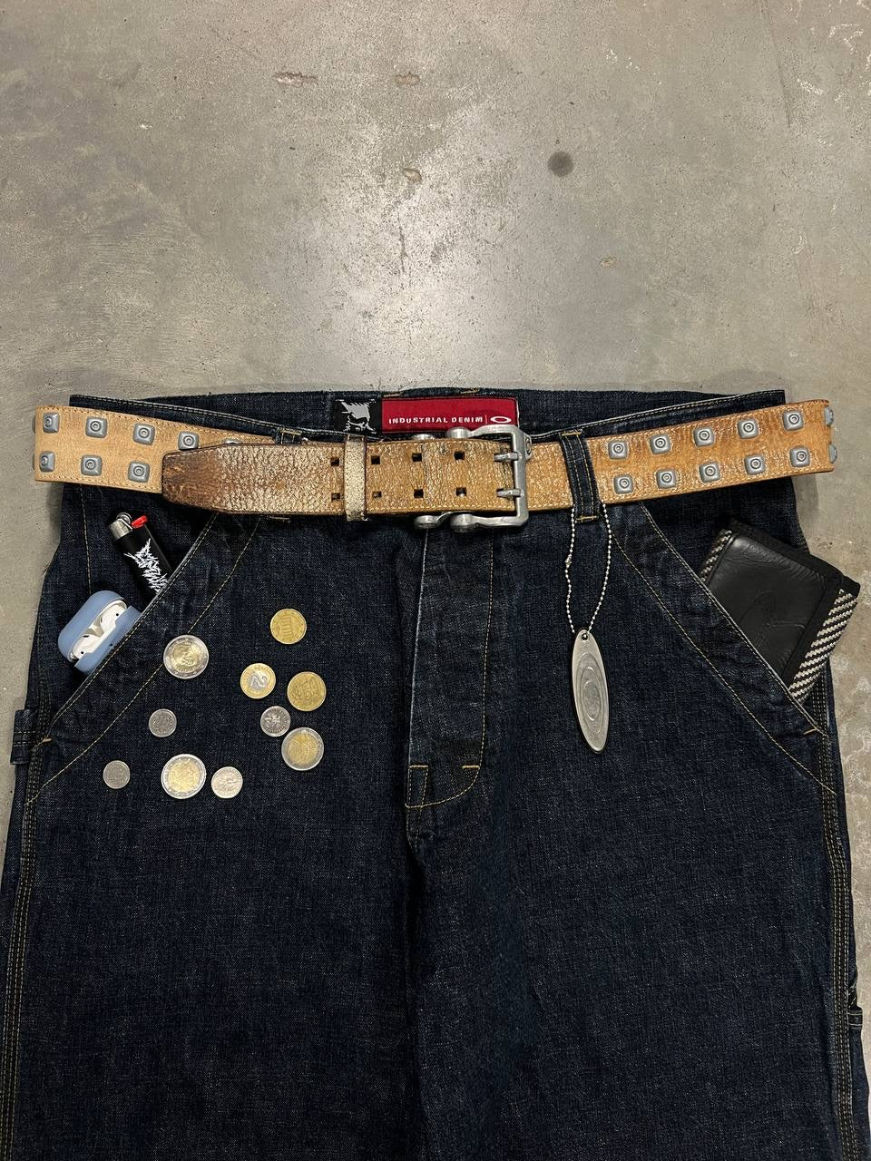 00s Vintage Oakley Leather Distressed Studded Belt